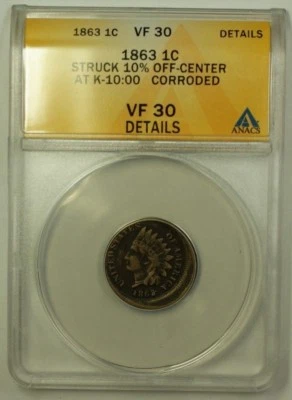 1863 Indian Head Penny 1c Error Coin 10% Off-Center At K-10:00 ANACS VF-30 Deta - Image 1 of 2