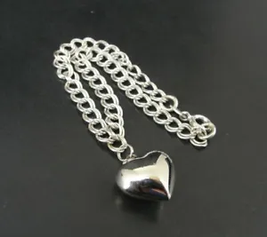 Bracelet SU Double Link with Puffy Heart Sterling Silver 925 Charm BRACELET - Picture 1 of 4