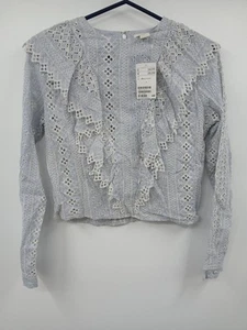 H&M Blue Striped Cotton Lace Blouse UK Size 8 Ruffled Long Sleeve Elegant - Picture 1 of 4