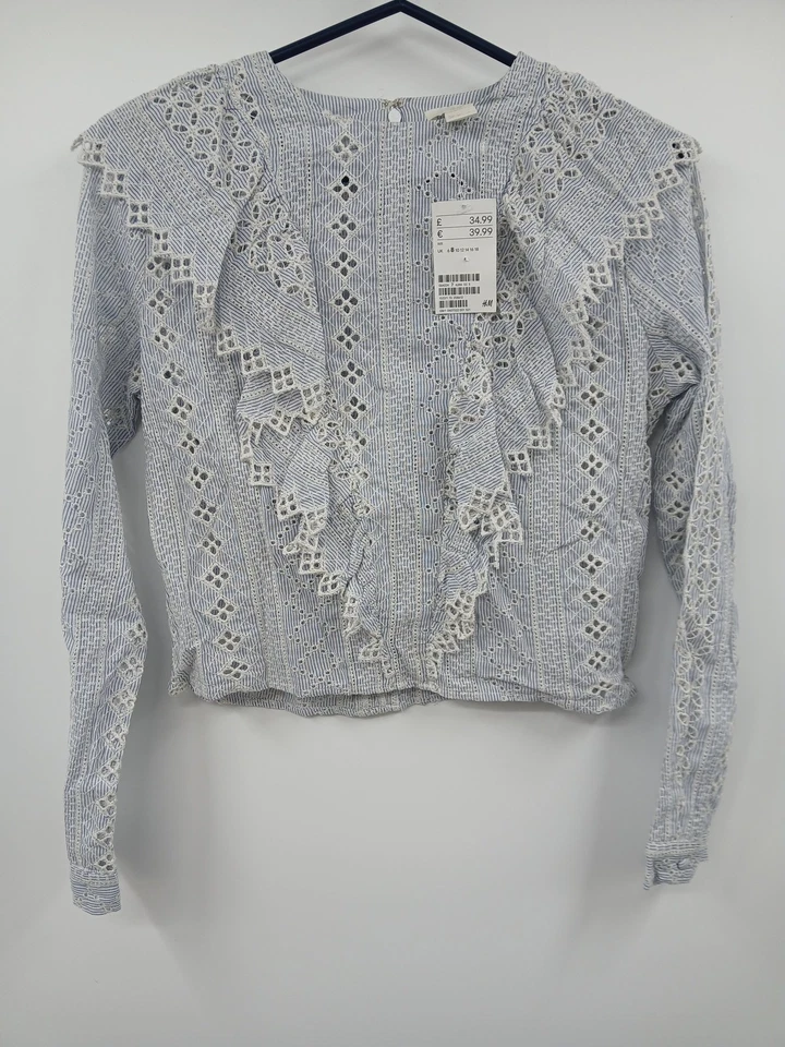 H&M Blue Striped Cotton Lace Blouse UK Size 8 Ruffled Long Sleeve Elegant - Image 1 of 4