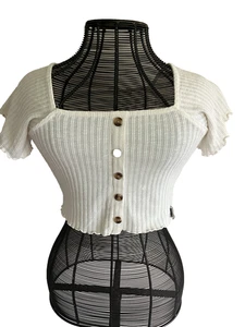 Blusa para mujer ROXY recortada crema acanalada manga corta mezcla de algodón talla S - Imagen 1 de 10
