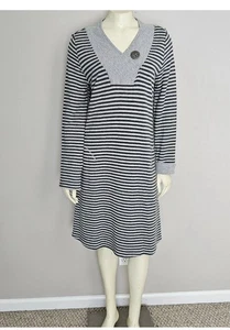 Soft Surroundings Women’s Size Large Striped Sweater Dress Pockets Vneck Button  - Picture 1 of 7