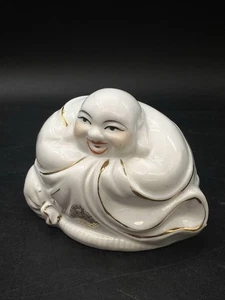 Happy Buddha Wrapped In Cloth Ceramic Figurine White with Gold Trim Vintage A - Picture 1 of 11