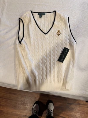 Polo Ralph Lauren Nuevo L Blanco Cuello en V Jersey Tejido con Cable Suéter Chaleco Para Mujer’s Foto 1 de 4