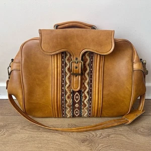 Vintage Tan Brown Faux Leather Travel Bag - Cloth Design & Front Buckle - Retro - Picture 1 of 15
