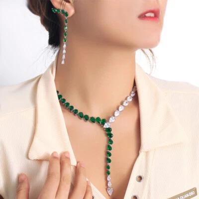 Unique Long Dangle Necklace Earrings Green Drop CZ Jewlery Set for Women Wedding - Image 1 of 4