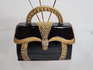 Vintage Enameled Photo & Card Holder Jeweled Purse Paperweight Black/Gold Decor - Picture 1 of 7