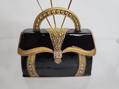 Vintage Enameled Photo & Card Holder Jeweled Purse Paperweight Black/Gold Decor  - Image 1 of 4