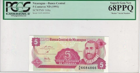 Nicaragua 5 Centavos ND1991, PCGS68,Fancy SN 6684866 Book ends Double&Radar.FNN3 Cover