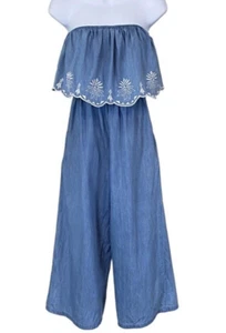 Jessica Simpson Off The Shoulder Embroidered Chambray WideLeg Jumpsuit SZ XSmall - Picture 1 of 10