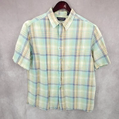 Roundtree & Yorke Shirt Mens Large Linen Plaid Button Up Short Sleeve Casual - Image 1 of 4