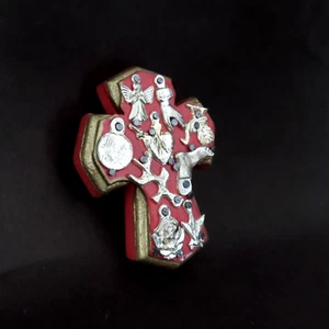 Milagros Cross Wood Painted Red Sacred Heart Milagro Handmade Mexico Folk Art - Picture 1 of 15