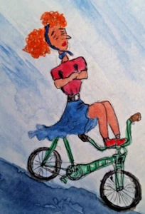 ACEO Original - Girl on Bicycle - Watercolor 2.5 x 3.5 Signed - Picture 1 of 4