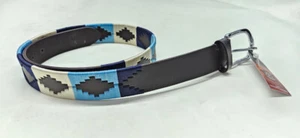 Argentina Polo Leather Belt Hand Braided Nylon Thread Navy Blue Sky Cream - Picture 1 of 13