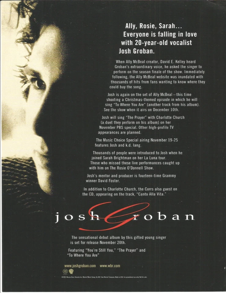 JOSH GROBAN Vintage RARE 2001 PROMO TRADE AD Poster for Self titled CD 8.5x11 - Image 1 of 1