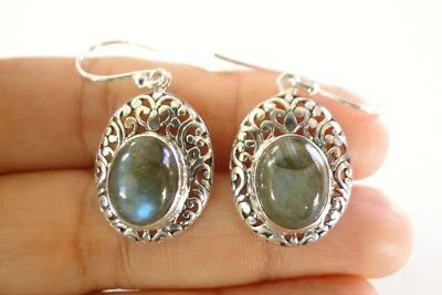 Labradorite Solitaire Ornate 925 Sterling Silver Dangle Drop Earrings - Image 1 of 3