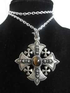 Antik Jerusalem Jordan 900 Silber großes Kreuzritter Kreuz Tigerauge beidseitig - Bild 1 von 12