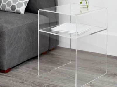 Tavolino Comodino Con Mensola Ripiano Plexiglass Trasparente 35x33x40H Spess 8mm - Immagine 1 di 2