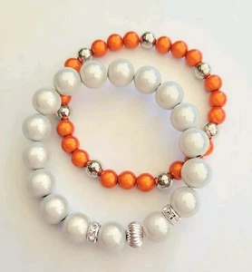 Sylvie's Magic Beads 3 D Perlen  Armband 2er Set, 20 cm Weiß Orange Silber/ 0698 - Bild 1 von 1