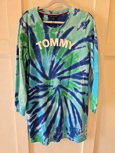 TOMMY HILFIGER Women’s Pullover Sweatshirt Blue Green Tie-dye Dress Sz Large New - Picture 1 of 6