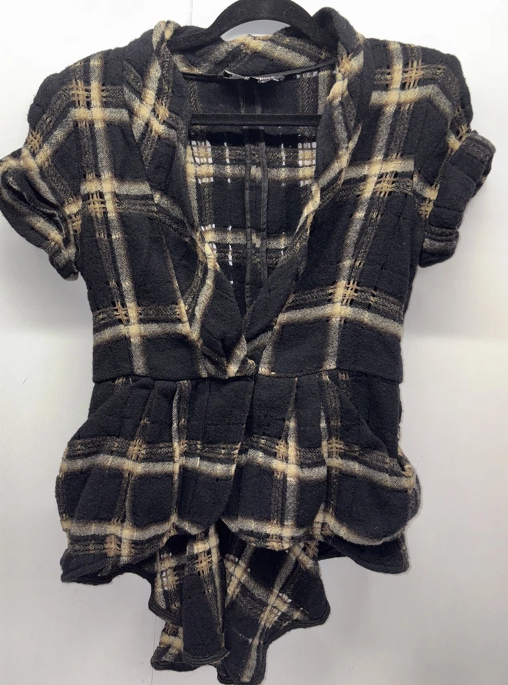 Nanette Lepore Brown Black Plaid Fleece Wool Short Sleeve Blouse Jacket Size 6 - Изображение 1 из 4