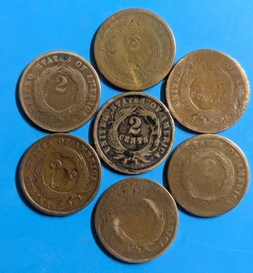 1864 1865 USA Two 2 Cent Coins Low Grade - lot of 7 - Picture 1 of 2