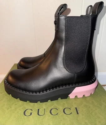 Gucci ботинки женщин размер 8 США черная кожа Sierra эластичной ребро лодыжки розовый каблук - Изображение 1 из 4