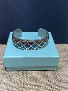 Native American Zuni 925Sterling Silver mosaic Blue Turquoise Coral Bracelet 48g - Picture 1 of 11
