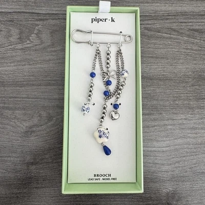 PIPER K 银色安全胸针胸针蓝色白色花卉设计串珠 — 第 1/3 张图片
