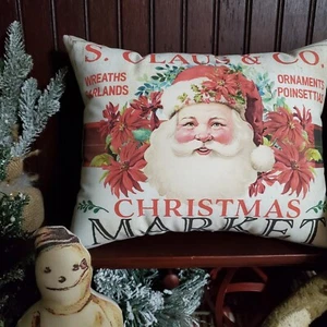 SHABBY RETRO PRIMITIVE VINTAGE STYLE SANTA CHRISTMAS MARKET S. CLAUS CO. PILLOW - Picture 1 of 15