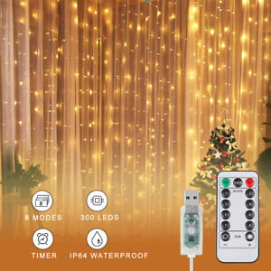 300 LED USB String Light Remote Control Party Wedding Curtain Fairy Lights 8Mode