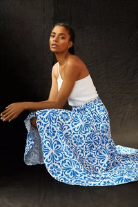 NWT ANTHROPOLOGIE HUTCH LARGE BLOCK PRINTED WRAP RUFFLE MAXI SKIRT BLUE XS - Picture 1 of 6