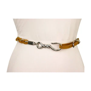 Women Skinny Brown Braided Waistband Narrow Belt Silver Metal Hook Buckle Size M - Picture 1 of 24