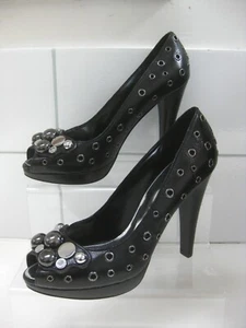 ZAPATOS DE AGUJA KAREN MILLEN 38 5 cuero negro espejos peeptoe sexy tacón alto - Imagen 1 de 12