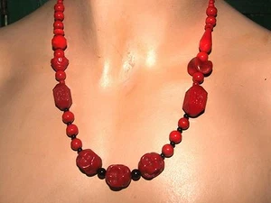ART DECO RED CZECH GLASS CARVED MULTI SHAPE NECKLACE - Picture 1 of 4