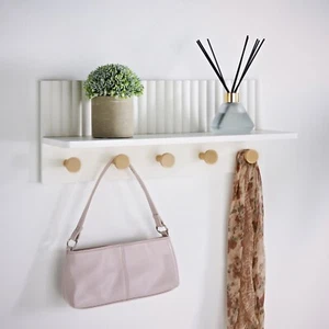 New Ribbed Wall Shelf With Hooks, Easy Self Assembly - White - MM25 - 13.6kg. - Picture 1 of 1