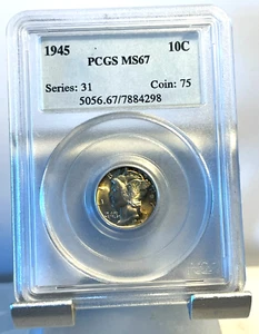 1945-P Mercury Silver Dime PCGS MS67 with beautiful toning - Picture 1 of 4