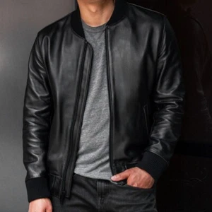 Men’s Vintage Black Leather Bomber Jacket Slim Fit ZipUp Casual Streetwear Coat - Picture 1 of 9