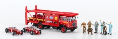 1/87 Set Modellini Fiat 640 Bisarca Ferrari + 2 Auto F1 + 7 Personaggi Brekina - Immagine 1 di 4
