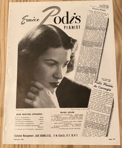 Auténtico pianista anuncio de reserva de gira de 1949 de colección Eunice Podis - Imagen 1 de 2