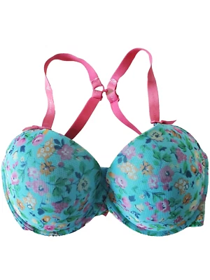 Betsey Johnson Mesh Bump M' Up 723236 Bra Underwire Padded 32DD Aqua Floral Pink - Image 1 of 4