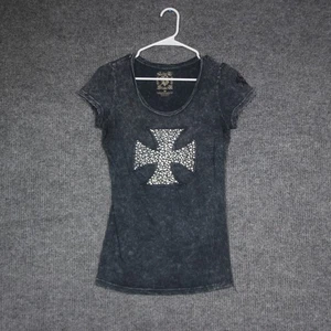 Y2K Velvet Stone Rhinestone Cross T Shirt Women's Medium Gray Acid Wash Grunge - Picture 1 of 5