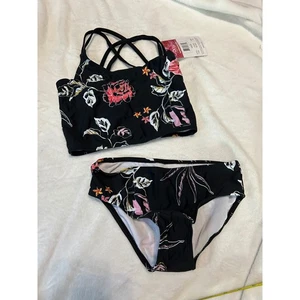 Kanu Surf Reese Girls Black Floral Print Criss Cross Back Swimsuit Size 12 - Picture 1 of 3