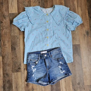 Girls Gingham Ruffle Collar Top & ZARA Denim Shorts Set – Size 10 – Cotton - Picture 1 of 9