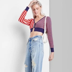 Wild Fable Women's Cropped Button Down Cardigan Sweater Red Striped (you choose) - Picture 1 of 11