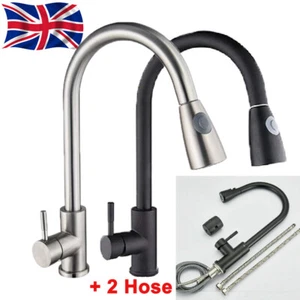 360° Kitchen Tap Brass Pull Out Spray Head Single Lever Swivel Sink + 2 Hose - Picture 1 of 14