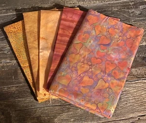 Lot Of 5 Pretty Batik Quilting Fabrics 3 Yards Total Orange Hearts - Picture 1 of 13