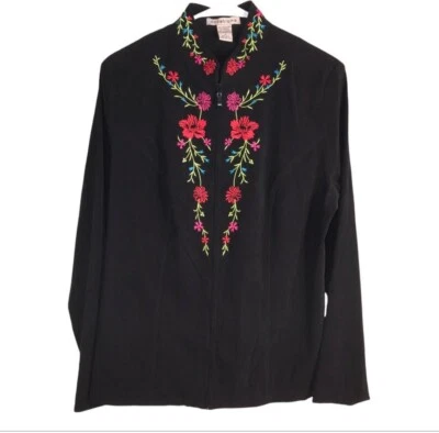 Vintage Embroidered Black Jacket, polyester/spandex, Soft, Full Zip, Sz Large  - Image 1 of 4