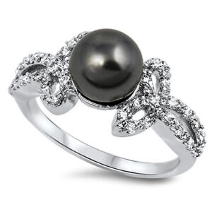Black Freshwater Pearl Clear CZ Ring New .925 Sterling Silver Band Sizes 4-11