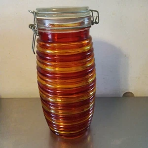 Large Beehive Glass Design Lidded Jar 10.5" tall Red/orange/yellow - Picture 1 of 6